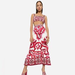 AUTHENTIC DOLCE & GABANNA Majolica-print charmeuse calf-length skirt Size 46